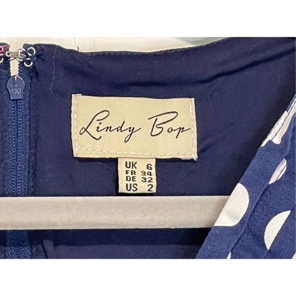 Lindy Bop Womens Vintage 50's Darcy Swing Party Dress Blue White Polka Dots SZ 2 - Picture 3 of 7